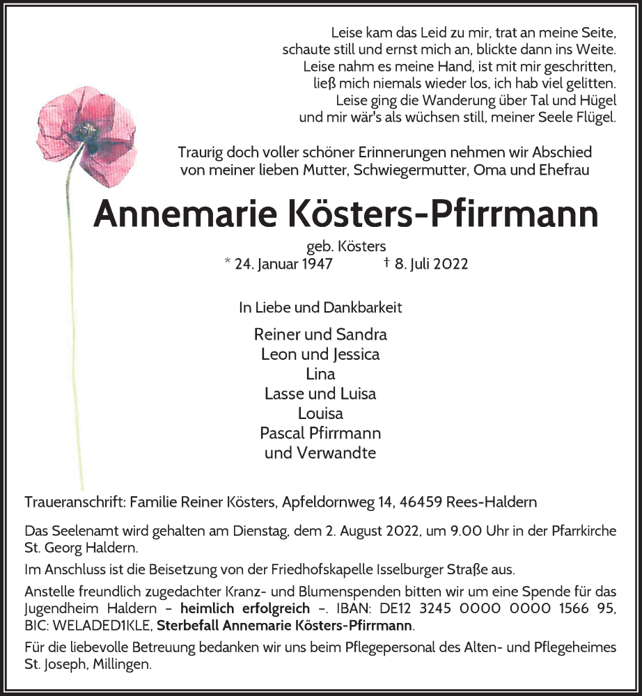  Traueranzeige für Annemarie Kösters-Pfirrmann vom 27.07.2022 aus Rheinische Post