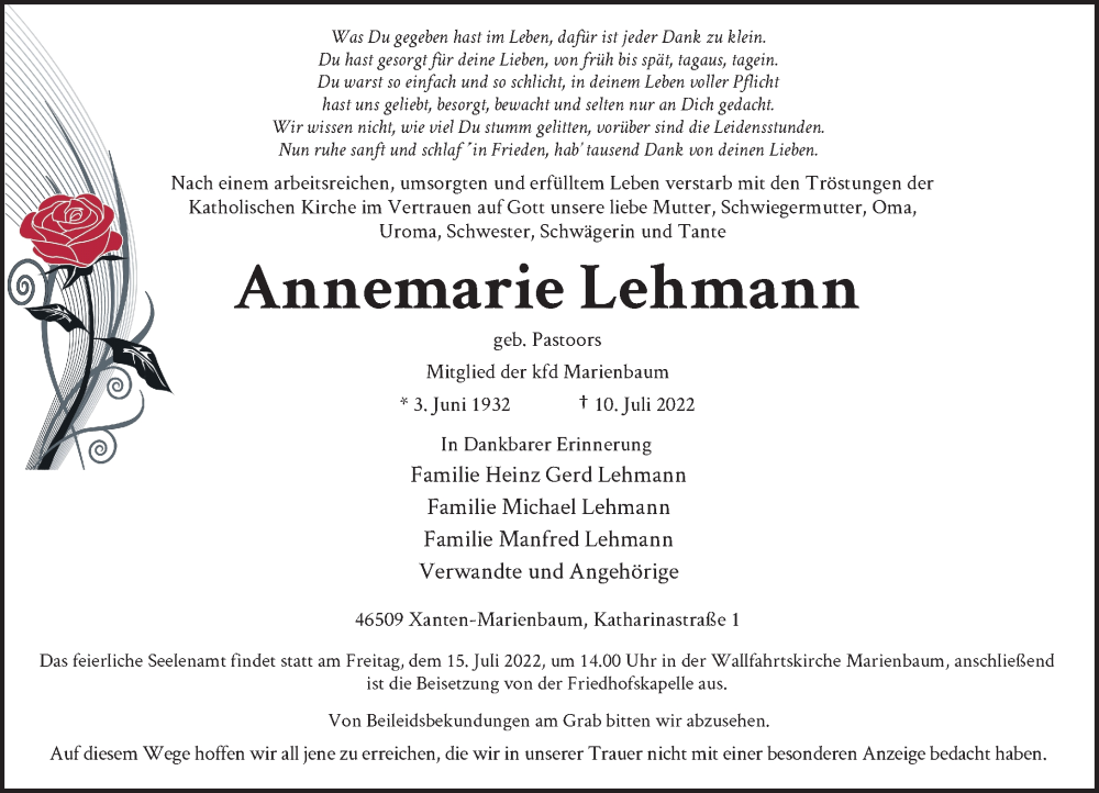  Traueranzeige für Annemarie Lehmann vom 13.07.2022 aus Rheinische Post