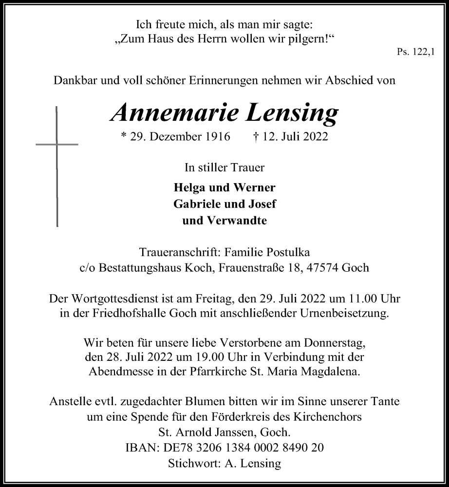  Traueranzeige für Annemarie Lensing vom 23.07.2022 aus Rheinische Post