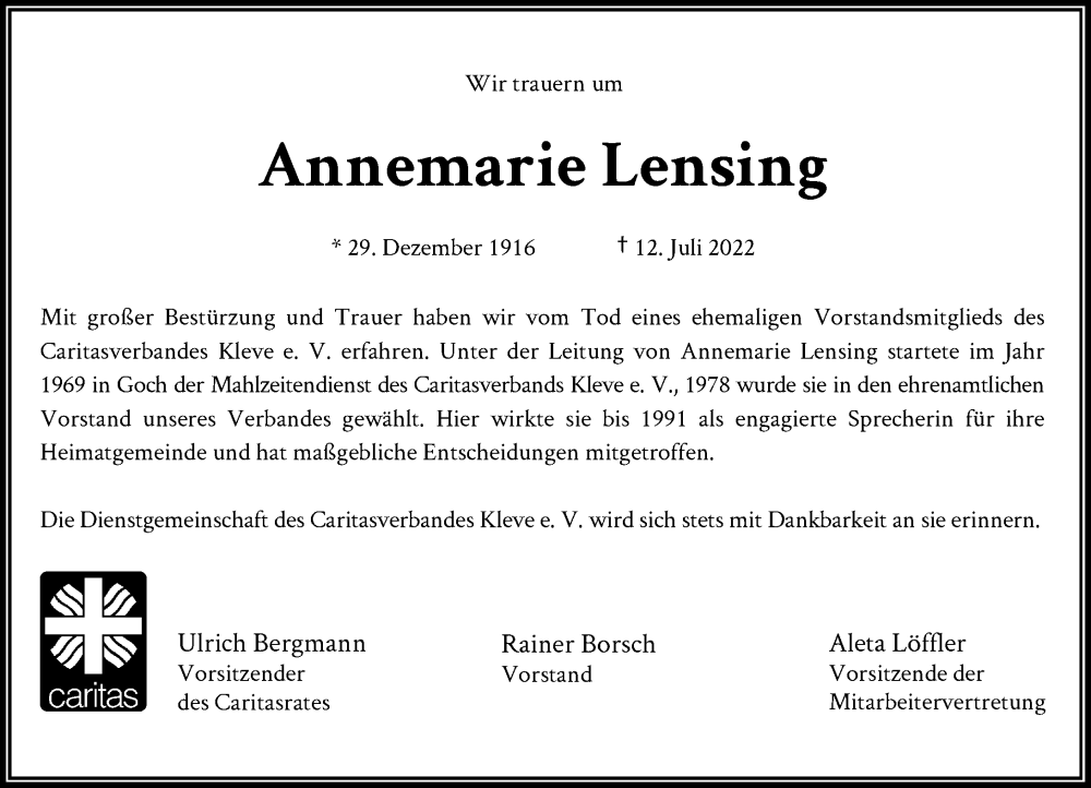  Traueranzeige für Annemarie Lensing vom 30.07.2022 aus Rheinische Post