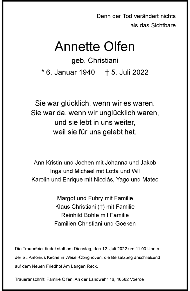  Traueranzeige für Annette Olfen vom 09.07.2022 aus Rheinische Post
