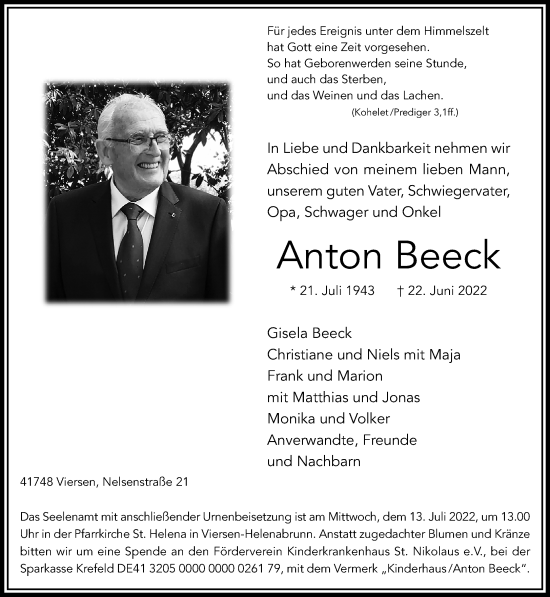 Traueranzeige von Anton Beeck von Rheinische Post