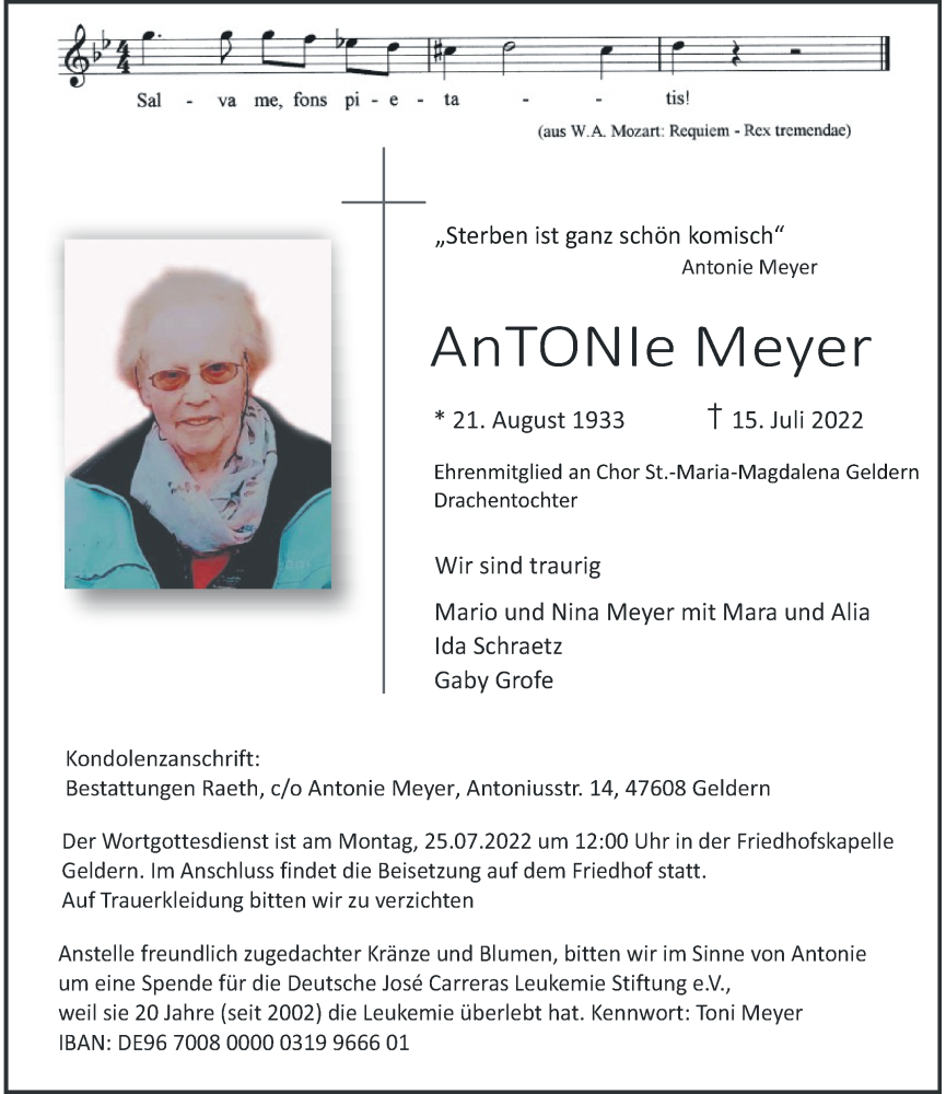 Traueranzeige für Antonie Meyer vom 20.07.2022 aus Rheinische Post
