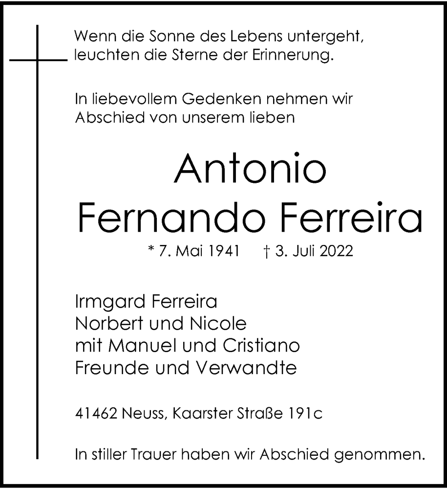  Traueranzeige für Antonio Fernando Ferreira vom 30.07.2022 aus Rheinische Post