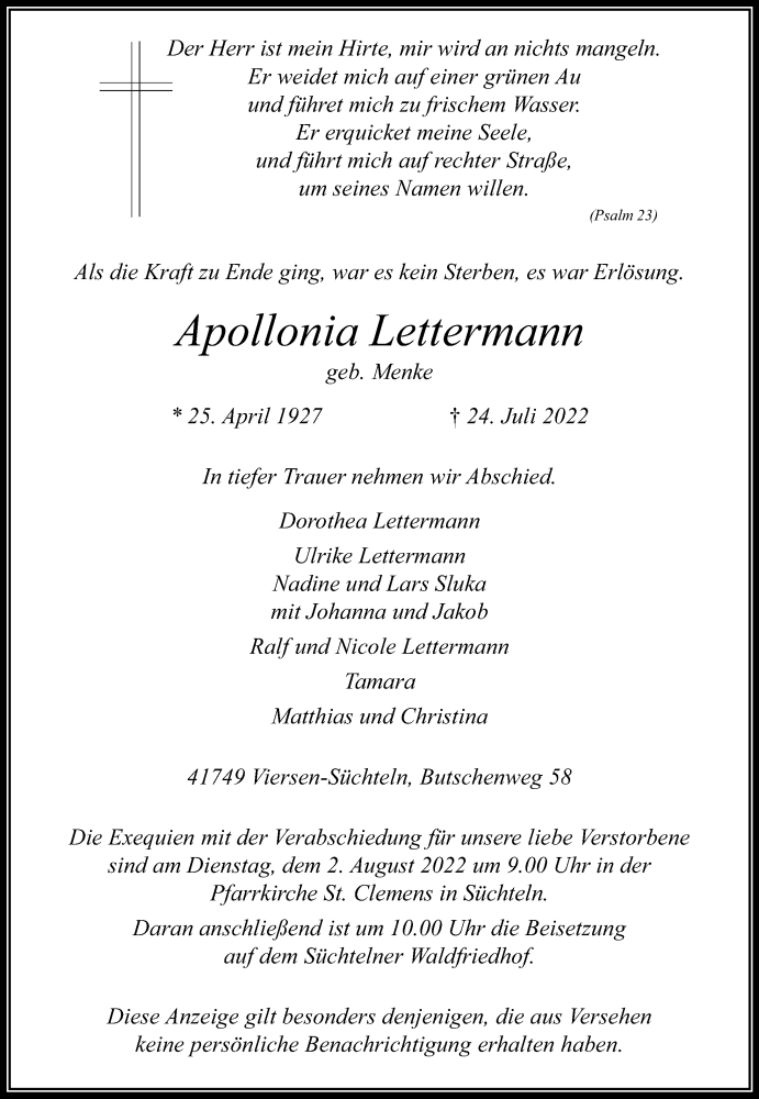  Traueranzeige für Apollonia Lettermann vom 27.07.2022 aus Rheinische Post