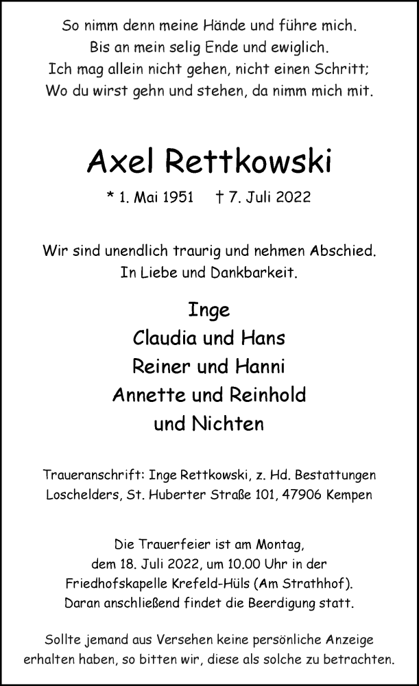  Traueranzeige für Axel Rettkowski vom 13.07.2022 aus Rheinische Post