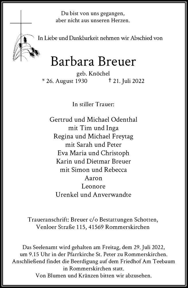  Traueranzeige für Barbara Breuer vom 25.07.2022 aus Rheinische Post
