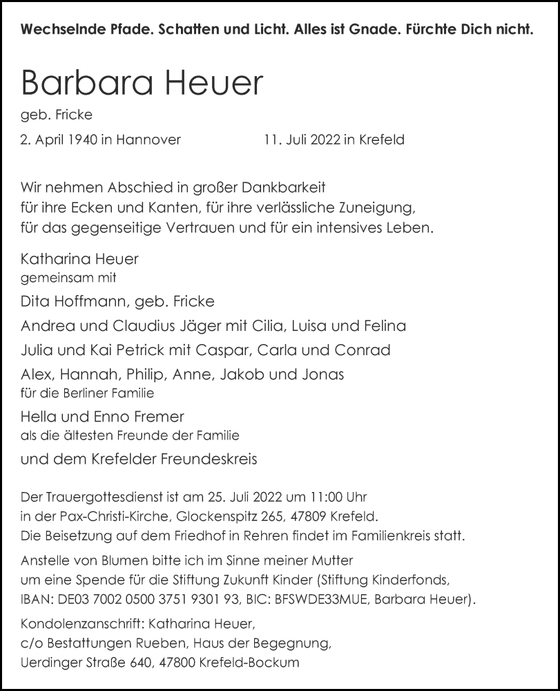  Traueranzeige für Barbara Heuer vom 16.07.2022 aus Rheinische Post