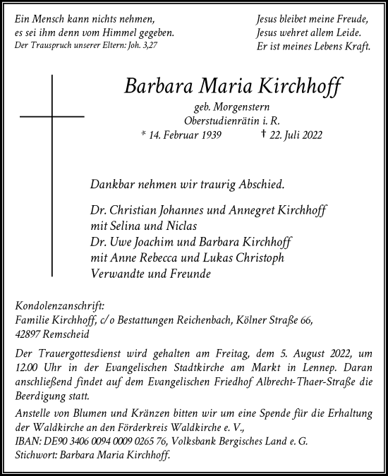 Traueranzeige von Barbara Maria Kirchhoff von Rheinische Post
