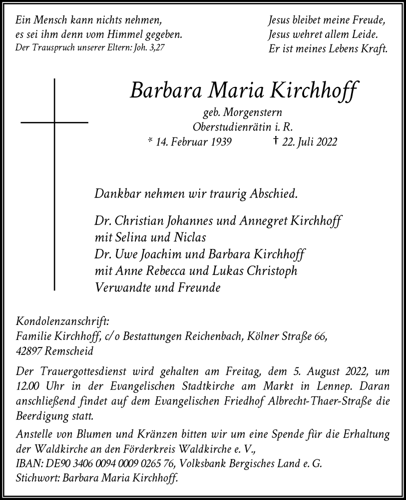  Traueranzeige für Barbara Maria Kirchhoff vom 30.07.2022 aus Rheinische Post