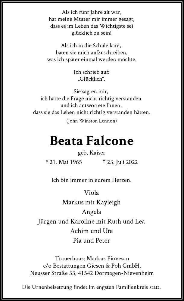  Traueranzeige für Beata Falcone vom 30.07.2022 aus Rheinische Post