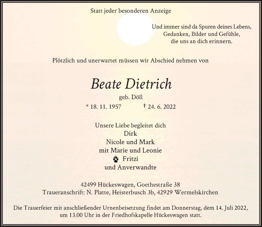  Traueranzeige für Beate Dietrich vom 09.07.2022 aus Rheinische Post