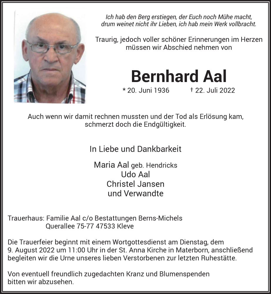  Traueranzeige für Bernhard Aal vom 06.08.2022 aus Rheinische Post