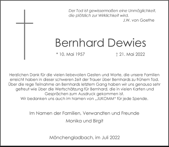 Traueranzeige von Bernhard Dewies von Rheinische Post