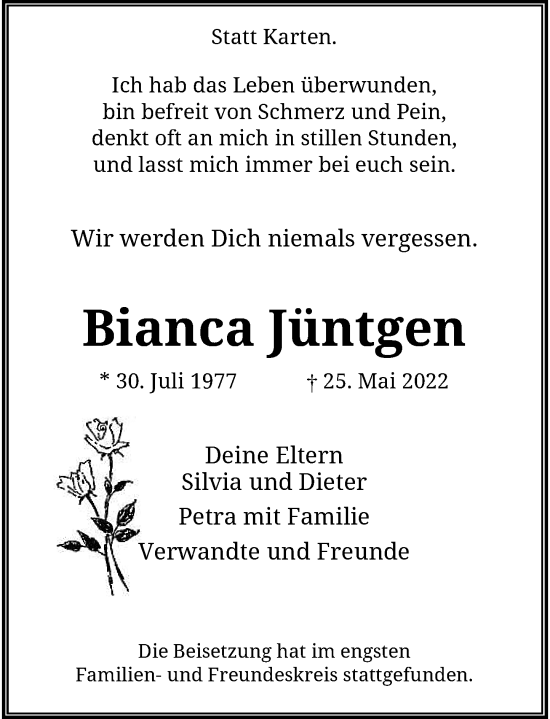 Traueranzeige von Bianca Jüntgen von Rheinische Post