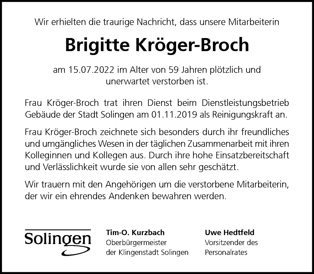  Traueranzeige für Brigitte Kröger-Broch vom 30.07.2022 aus Rheinische Post