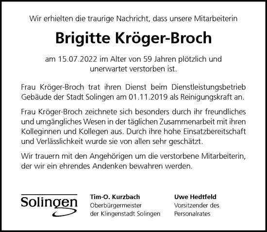 Traueranzeige von Brigitte Kröger-Broch von Rheinische Post
