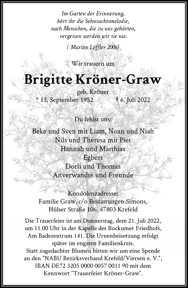  Traueranzeige für Brigitte Kröner-Graw vom 16.07.2022 aus Rheinische Post