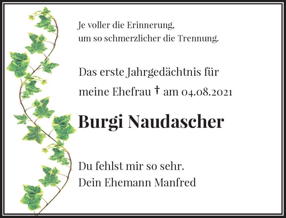  Traueranzeige für Burgi Naudascher vom 06.08.2022 aus Rheinische Post