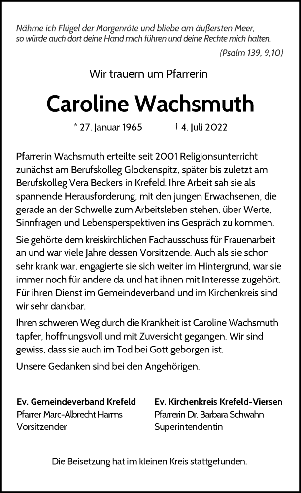  Traueranzeige für Caroline Wachsmuth vom 16.07.2022 aus Rheinische Post