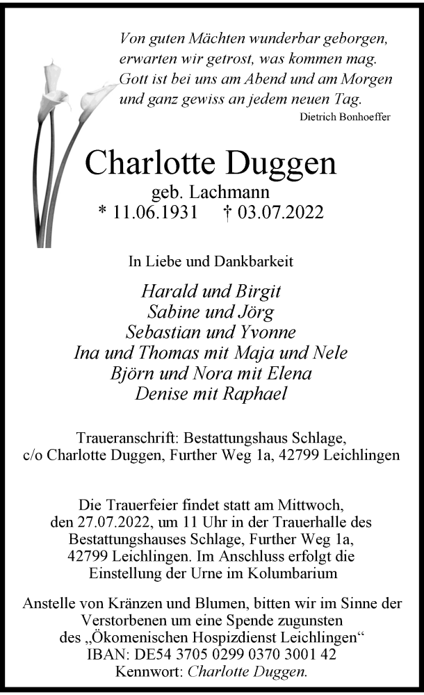  Traueranzeige für Charlotte Duggen vom 23.07.2022 aus Rheinische Post