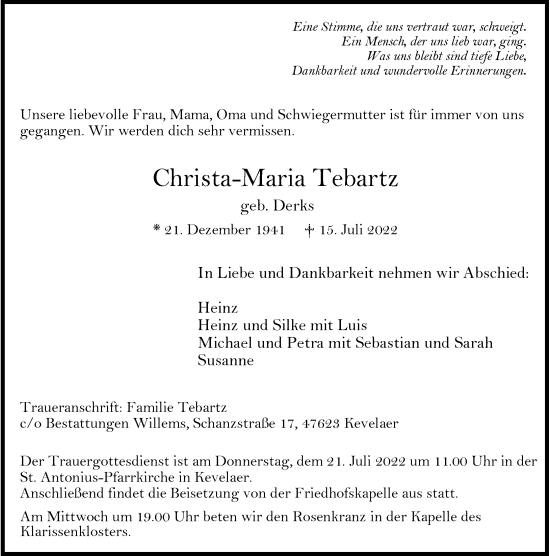 Traueranzeige von Christa-Maria Tebartz von Rheinische Post