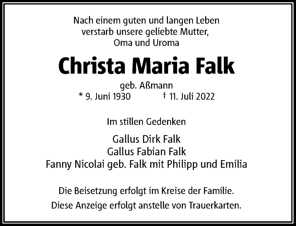  Traueranzeige für Christa Maria Falk vom 16.07.2022 aus Rheinische Post