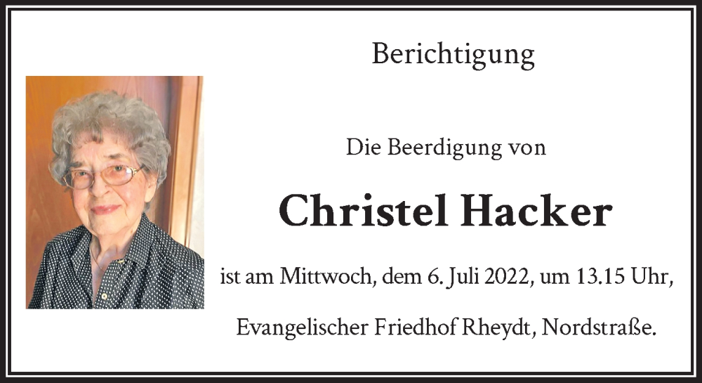  Traueranzeige für Christel Hacker vom 05.07.2022 aus Rheinische Post