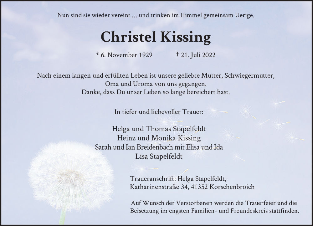  Traueranzeige für Christel Kissing vom 30.07.2022 aus Rheinische Post