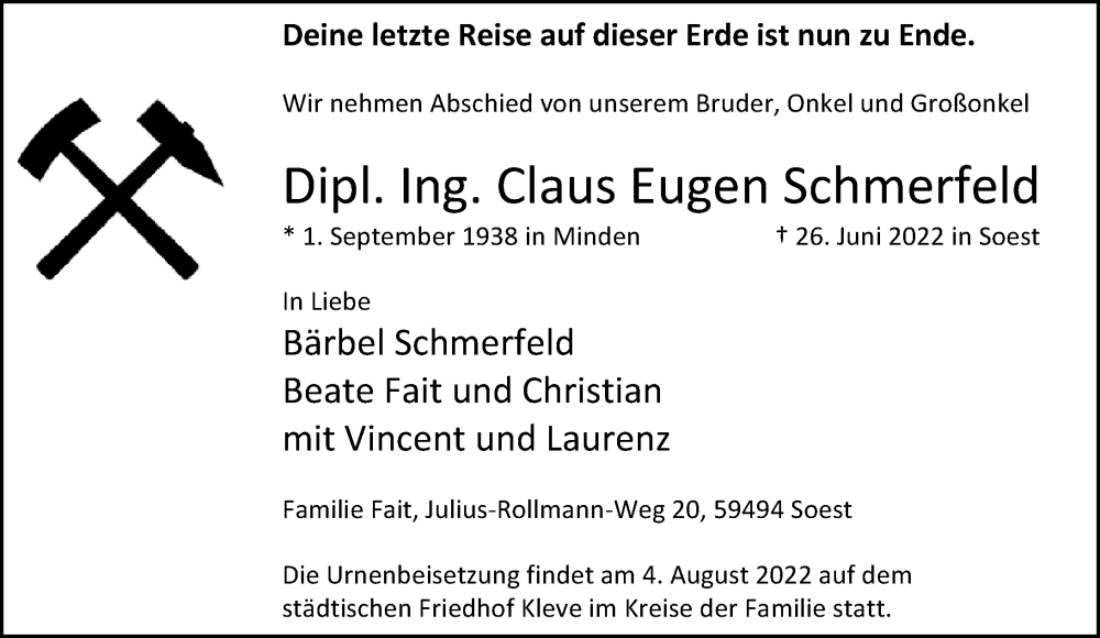  Traueranzeige für Claus Eugen Schmerfeld vom 30.07.2022 aus Rheinische Post