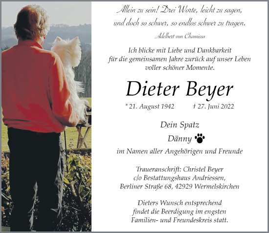 Traueranzeige von Dieter Beyer von Rheinische Post