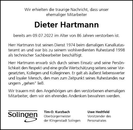 Traueranzeige von Dieter Hartmann von Rheinische Post
