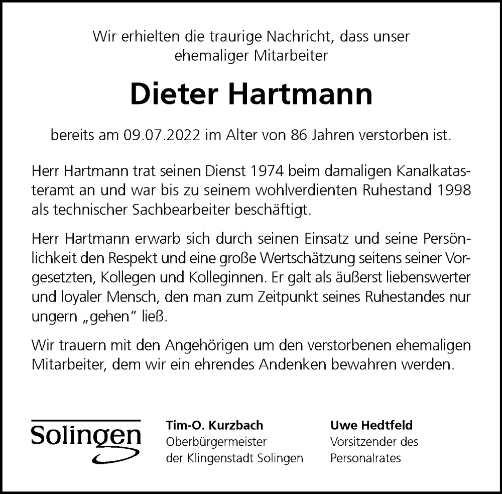 Traueranzeige für Dieter Hartmann vom 30.07.2022 aus Rheinische Post