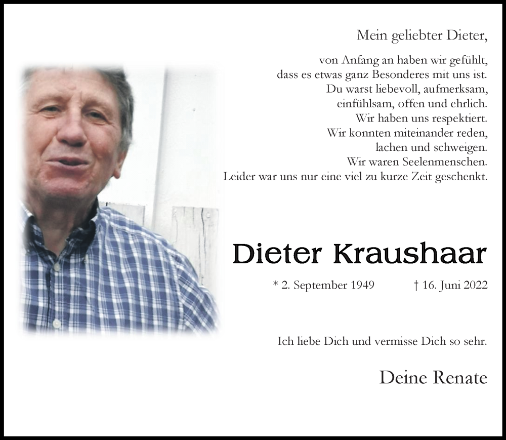  Traueranzeige für Dieter Kraushaar vom 02.07.2022 aus Rheinische Post