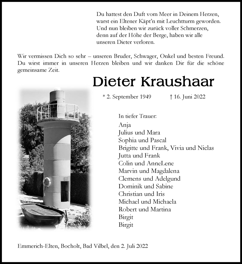  Traueranzeige für Dieter Kraushaar vom 02.07.2022 aus Rheinische Post
