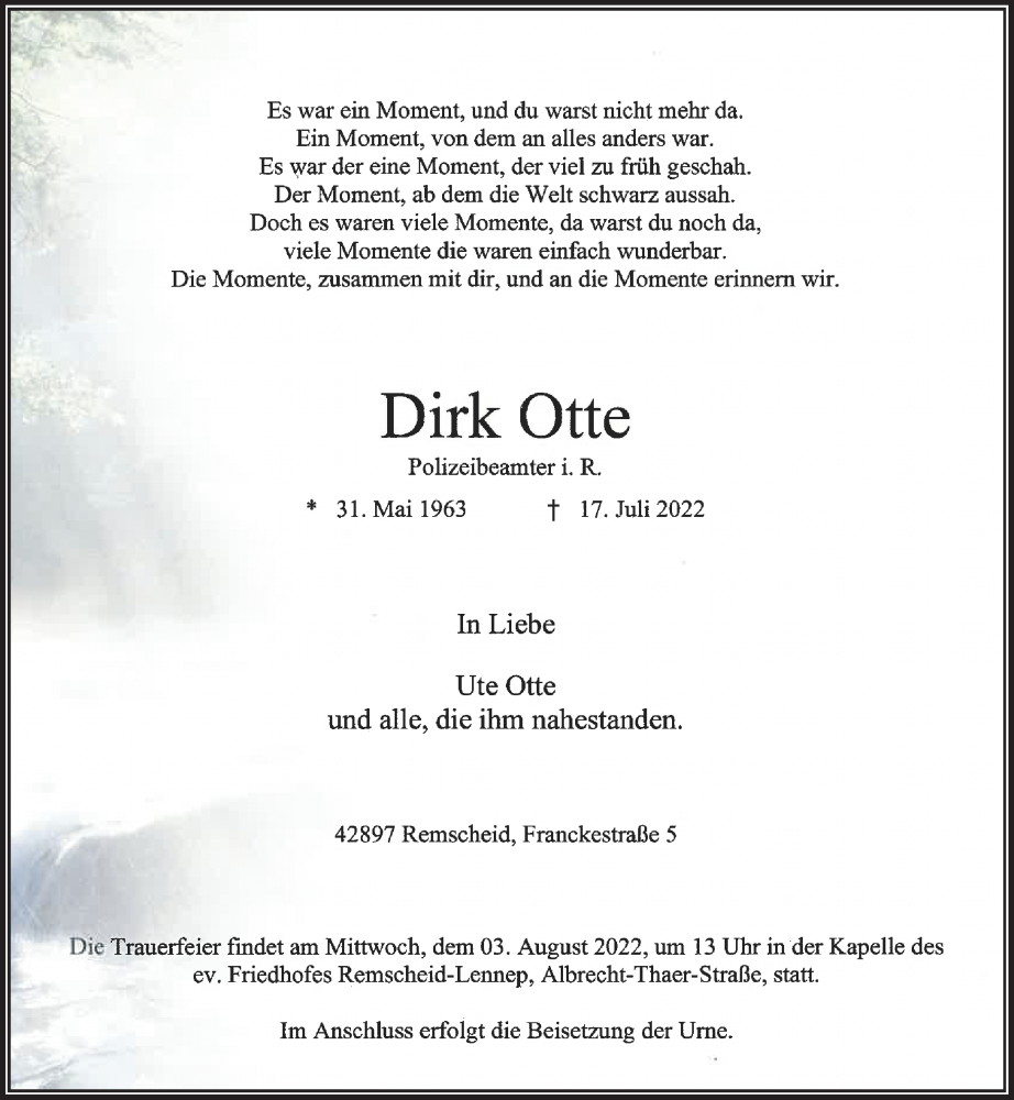  Traueranzeige für Dirk Otte vom 30.07.2022 aus Rheinische Post