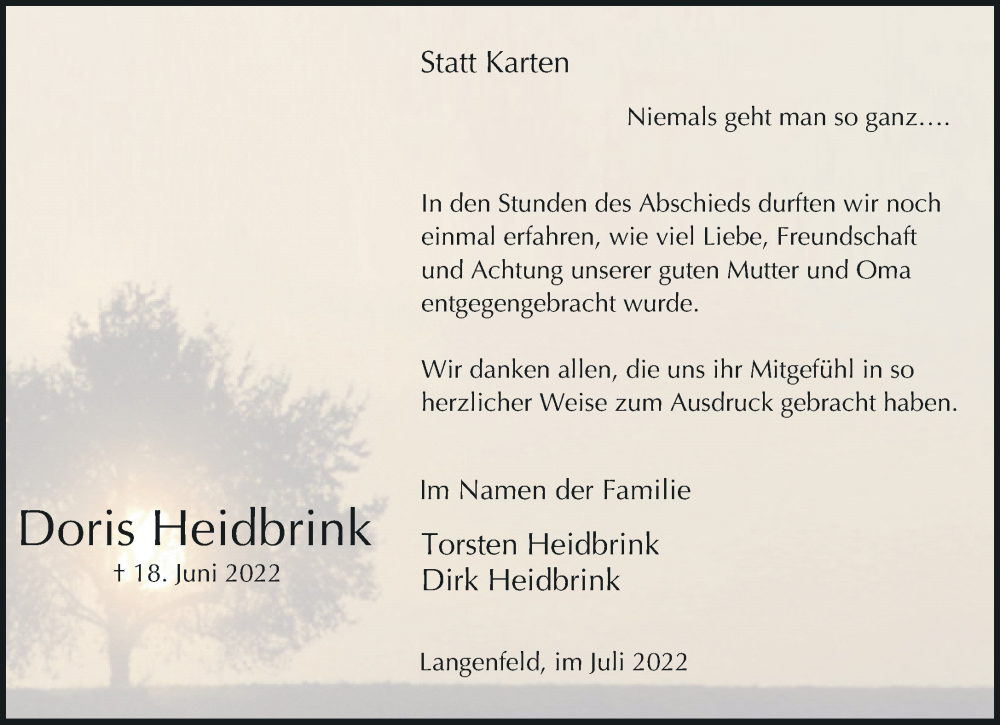  Traueranzeige für Doris Heidbrink vom 30.07.2022 aus Rheinische Post