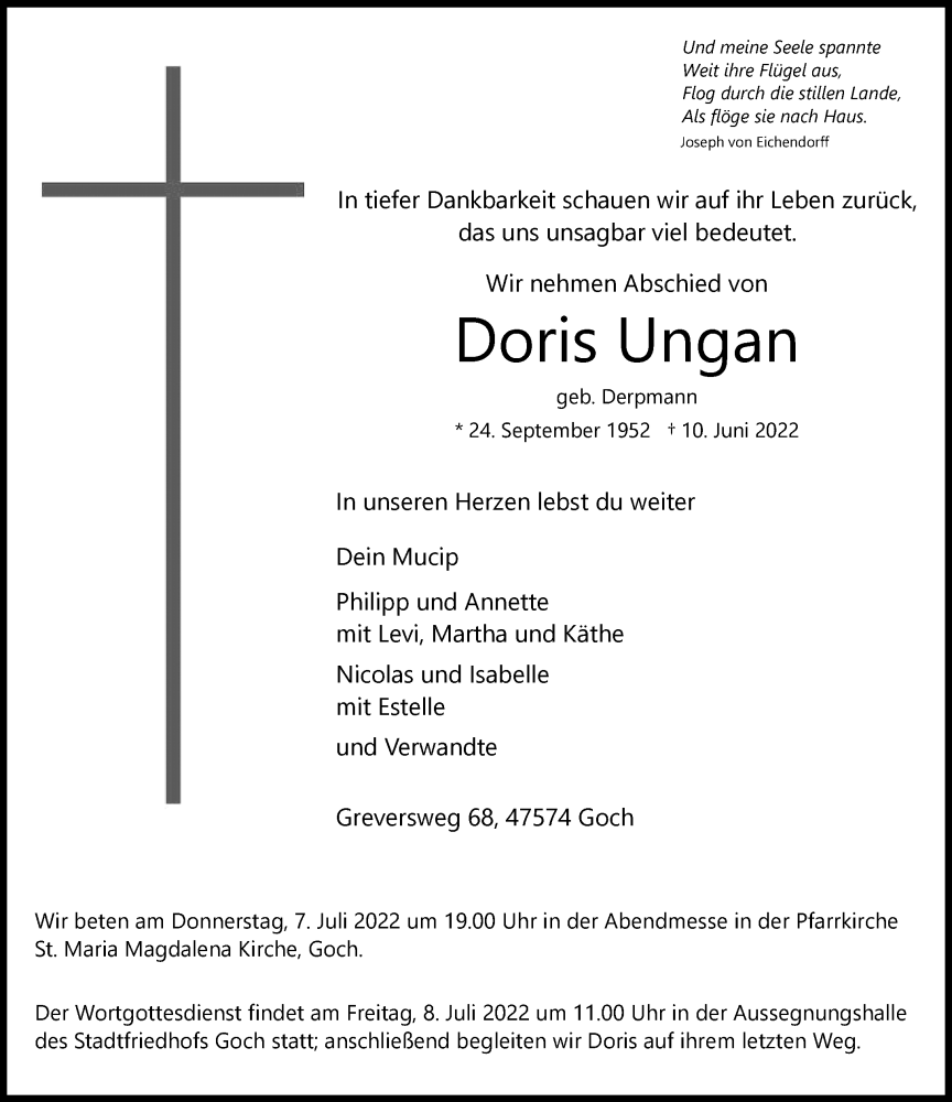  Traueranzeige für Doris Ungan vom 02.07.2022 aus Rheinische Post