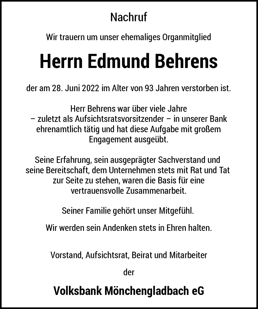  Traueranzeige für Edmund Behrens vom 09.07.2022 aus Rheinische Post