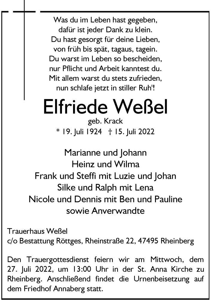  Traueranzeige für Elfriede Weßel vom 26.07.2022 aus Rheinische Post
