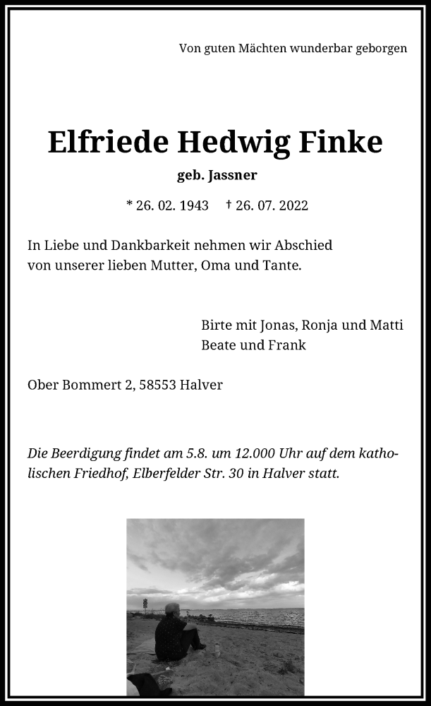  Traueranzeige für Elfriede Hedwig Finke vom 30.07.2022 aus Rheinische Post