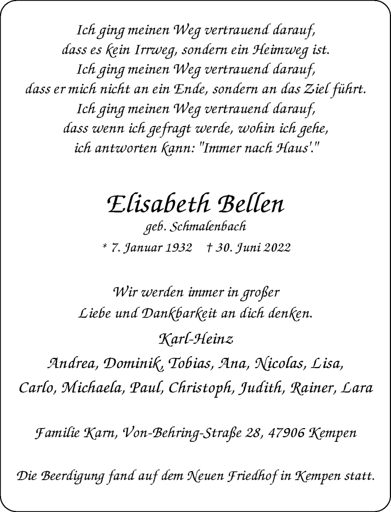  Traueranzeige für Elisabeth Bellen vom 16.07.2022 aus Rheinische Post