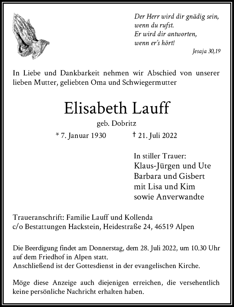  Traueranzeige für Elisabeth Lauff vom 23.07.2022 aus Rheinische Post
