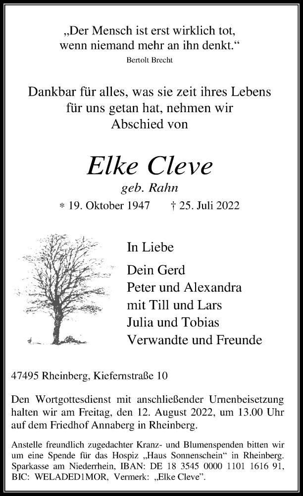  Traueranzeige für Elke Cleve vom 30.07.2022 aus Rheinische Post