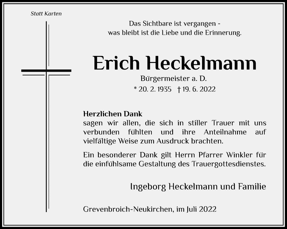  Traueranzeige für Erich Heckelmann vom 30.07.2022 aus Rheinische Post
