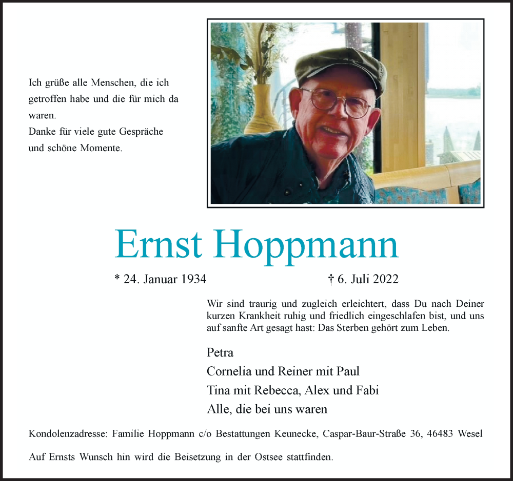  Traueranzeige für Ernst Hoppmann vom 30.07.2022 aus Rheinische Post