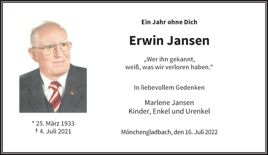 Traueranzeige von Erwin Jansen von Rheinische Post