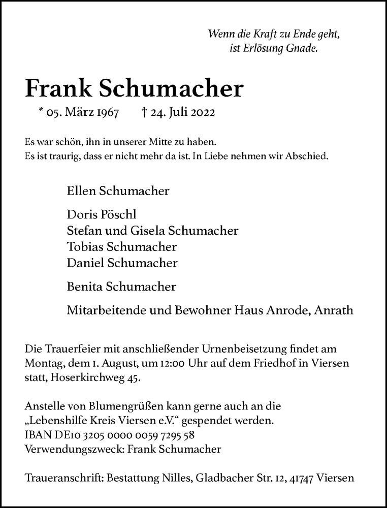  Traueranzeige für Frank Schumacher vom 30.07.2022 aus Rheinische Post