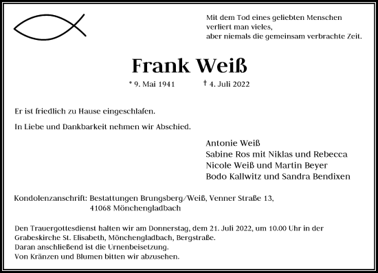 Traueranzeige von Frank Weiß von Rheinische Post