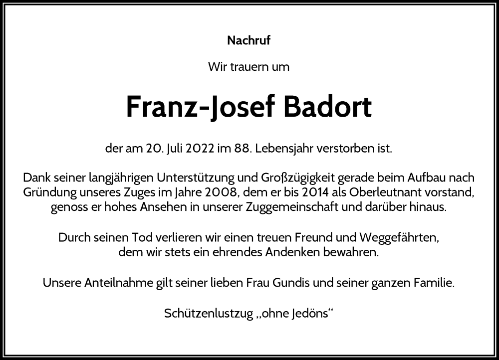  Traueranzeige für Franz-Josef Badort vom 30.07.2022 aus Rheinische Post
